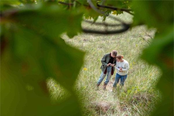  Two college students standing on sand dunes work in the field during a geology class.