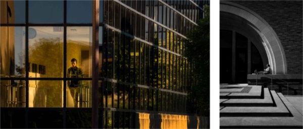  A student sits among an arch of an academic building with the steps in the foreground, left, and a student highlighted by sunrise golden light walks through the halls as seen through a window of an academic building. 